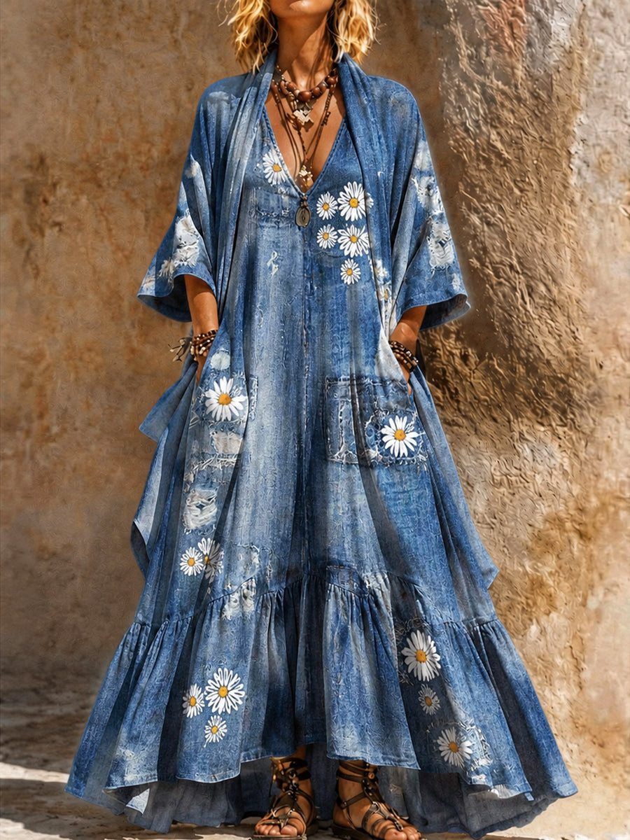Retro Style Art Printed Vintage Camisole Dress Long Sleeve Two-Piece Maxi Dress