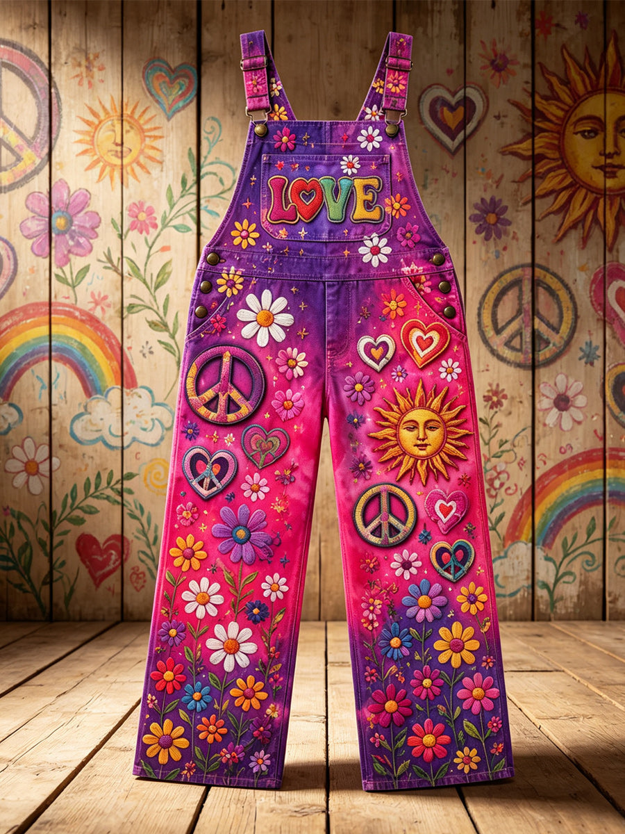 Women's Retro Style Art Print Washed Cotton Denim Patchwork Jumpsuit