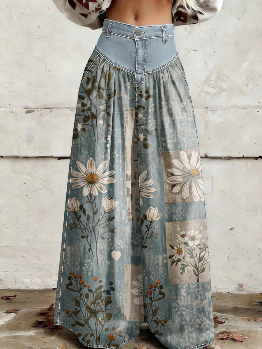 Women's Retro Floral Color-Blocked Art Print Casual Style Wide Leg Pants