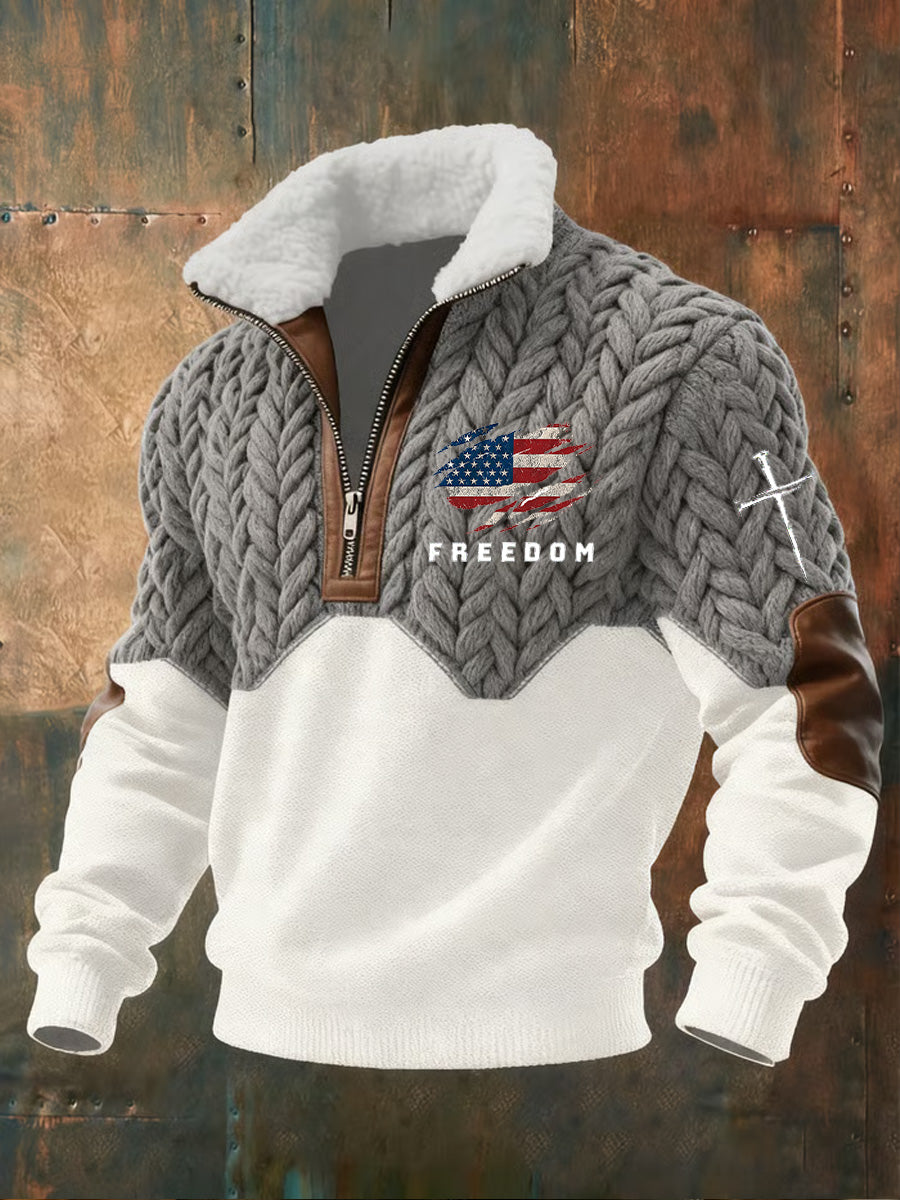 Men's Retro American Flag Freedom Print Jacquard Fabric Zipper Fur Collar Long Sleeve Sweatshirt