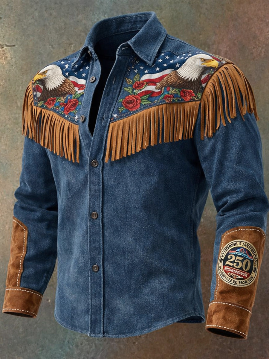 Men's Retro Western Style Art Print Vintage Tassel Casual Long Sleeve Shirt