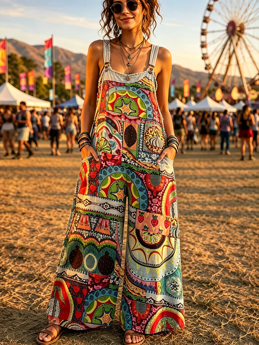 Women's Retro Style Art Print Washed Cotton Denim Patchwork Jumpsuit