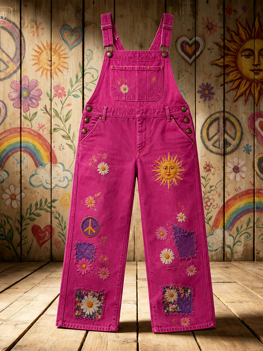 Women's Retro Style Art Print Washed Cotton Denim Patchwork Jumpsuit