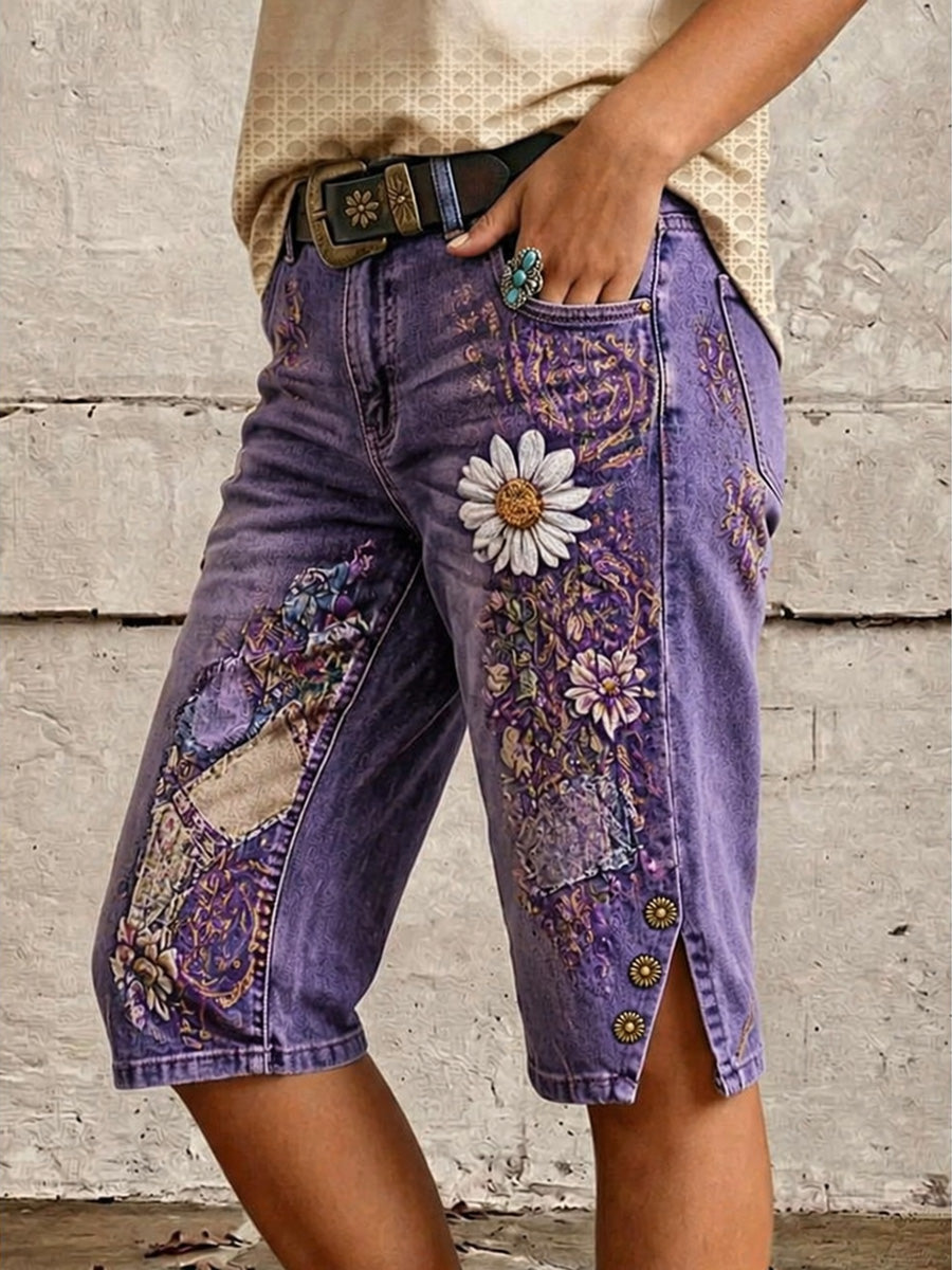 Vintage Floral Print Casual Denim Shorts
