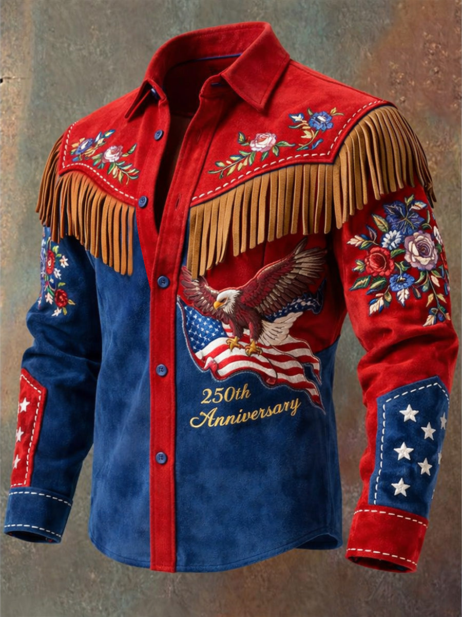 Men's Retro Western Style Art Print Vintage Tassel Casual Long Sleeve Shirt