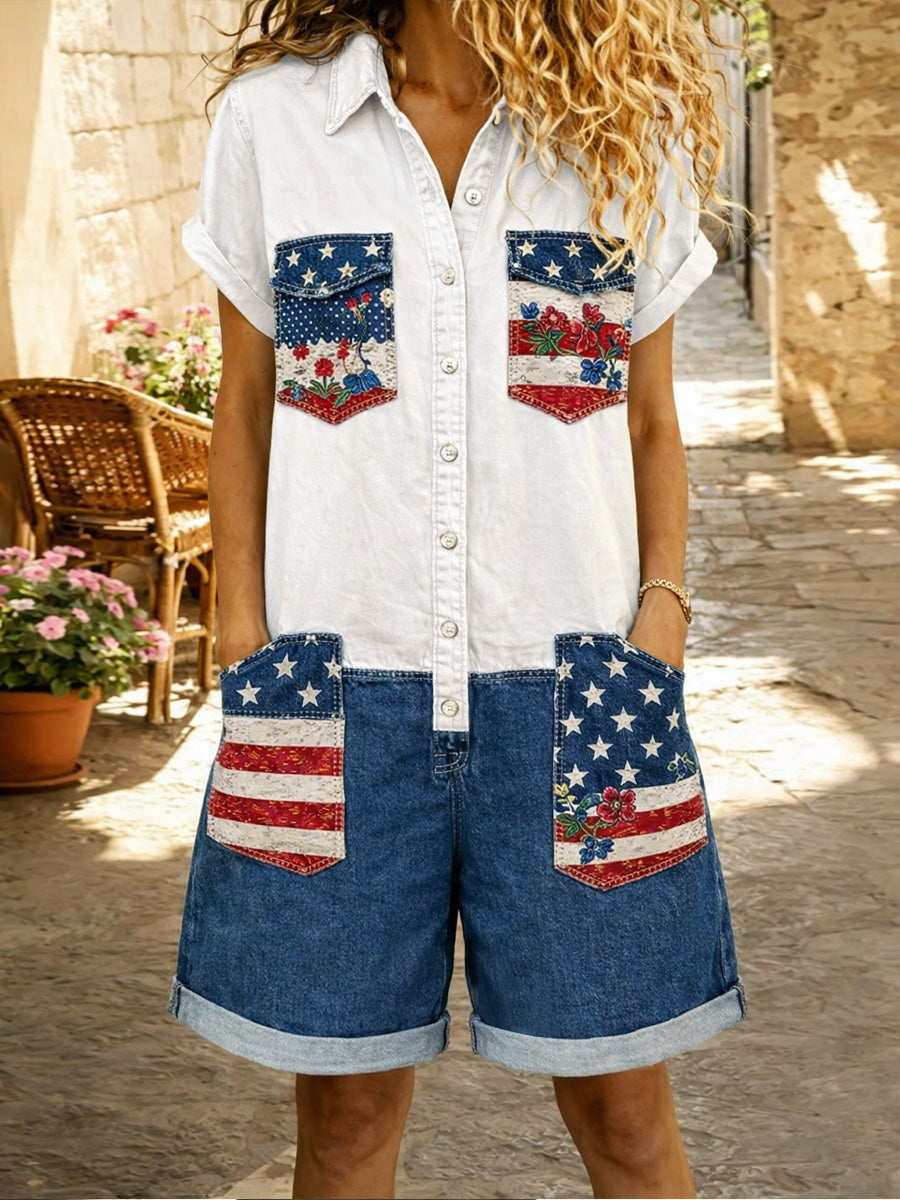 Women's Retro American Flag Art Print Washed Cotton Denim Patchwork Jumpsuit