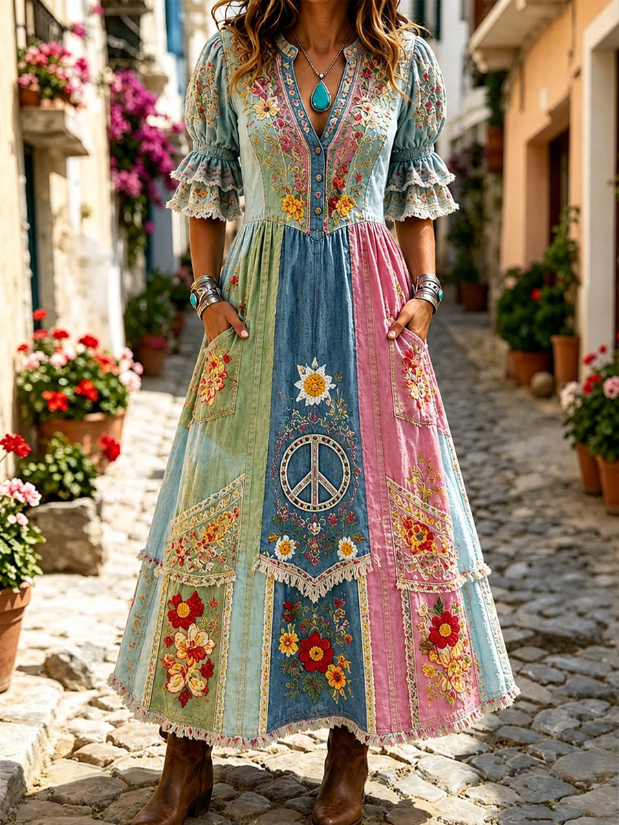 Women's Retro Art Print Washed Cotton Lace Patchwork Midi Dress
