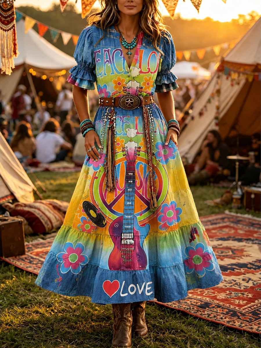 Women's Retro Art Print Washed Cotton Lace Patchwork Midi Dress