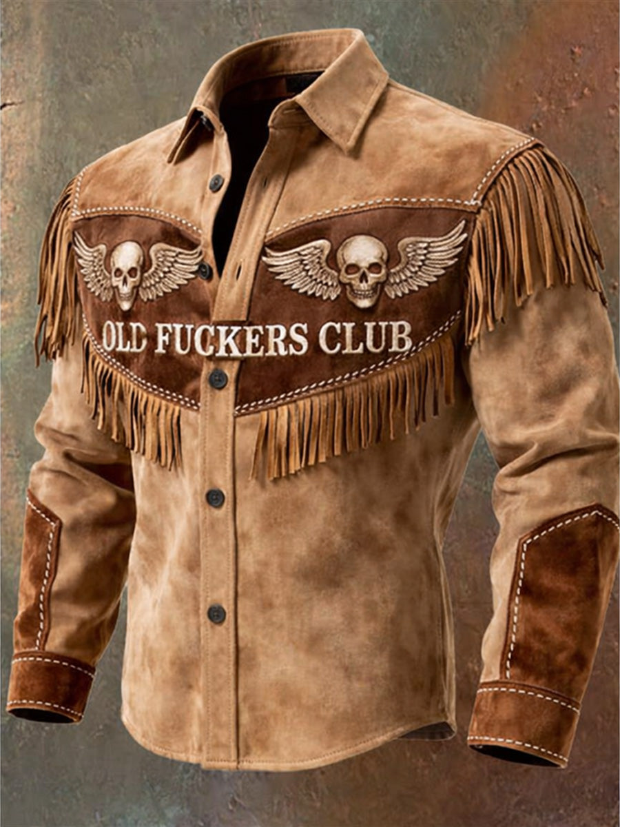 Men's Retro Old Fuckers Club Western Style Print Vintage Tassel Casual Long Sleeve Shirt