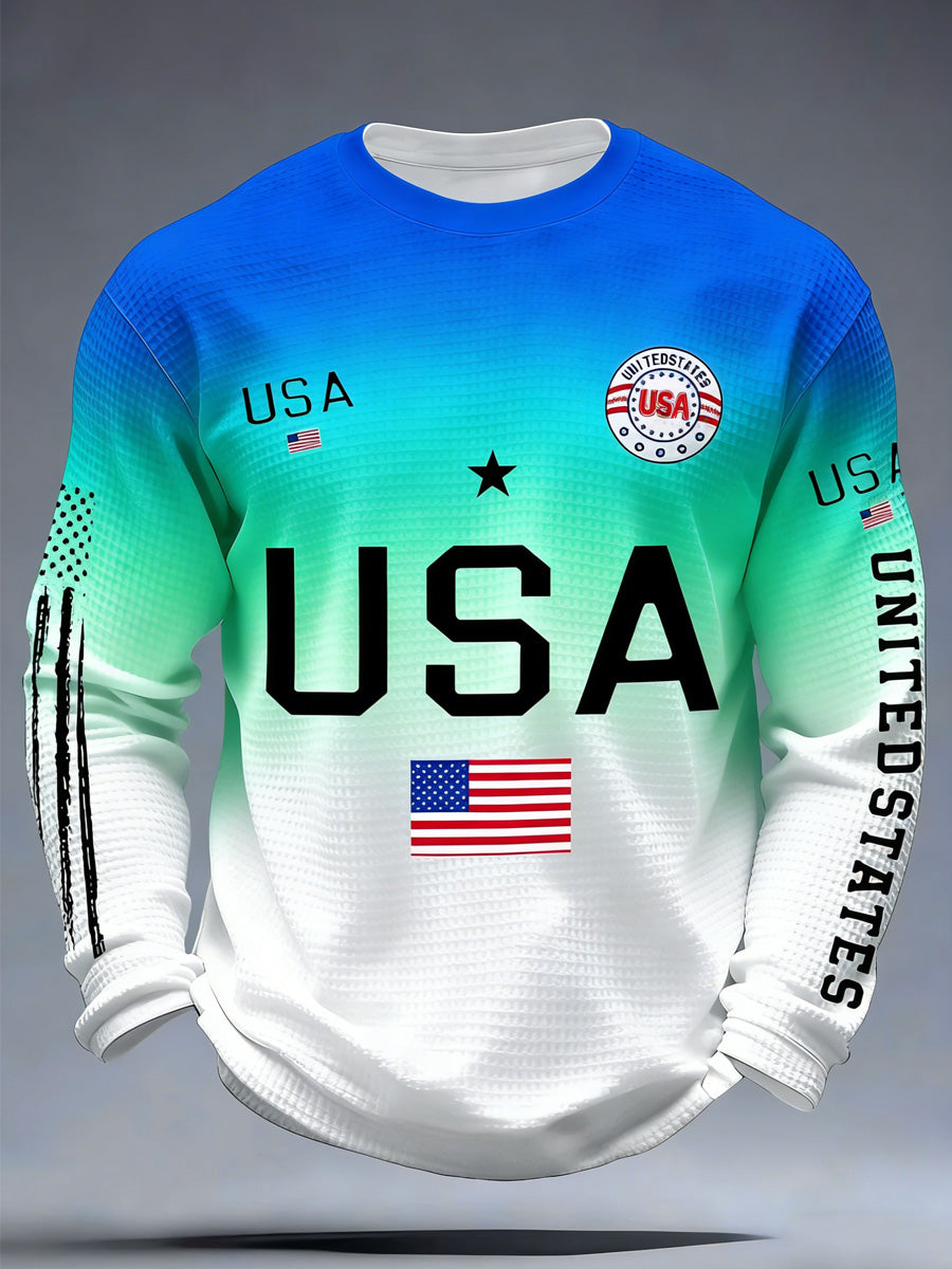 USA Flag Art Print Round-Neck Waffle Texture Long Sleeve Sweatshirt