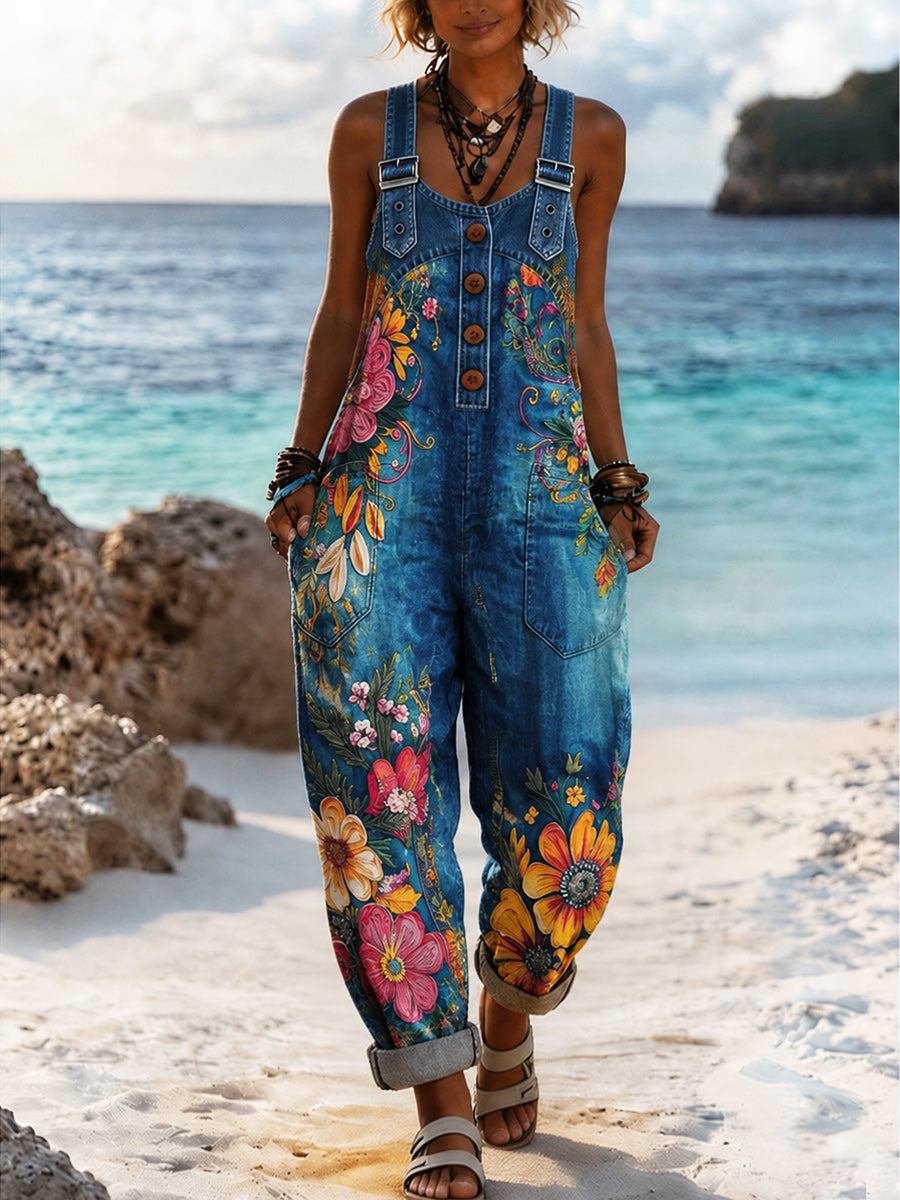 Women's Retro Style Art Print Washed Cotton Denim Patchwork Jumpsuit
