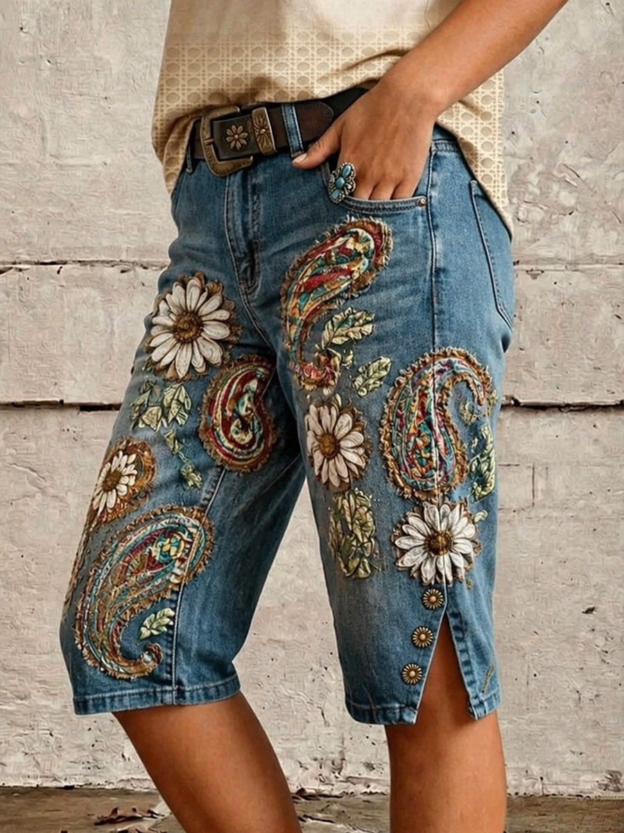 Vintage Floral Print Casual Denim Shorts