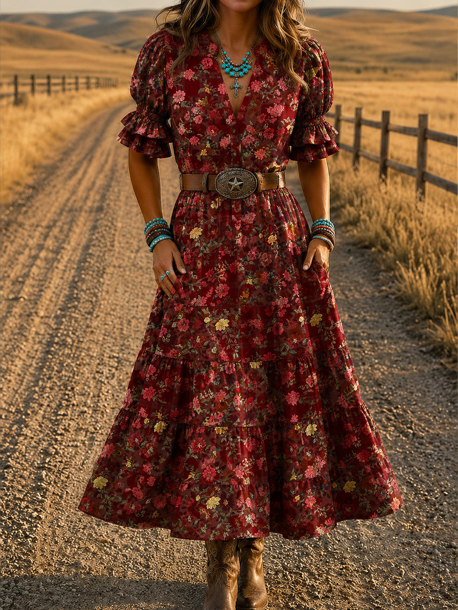 Women's Retro Art Print Washed Cotton Layered Patchwork Midi Dress