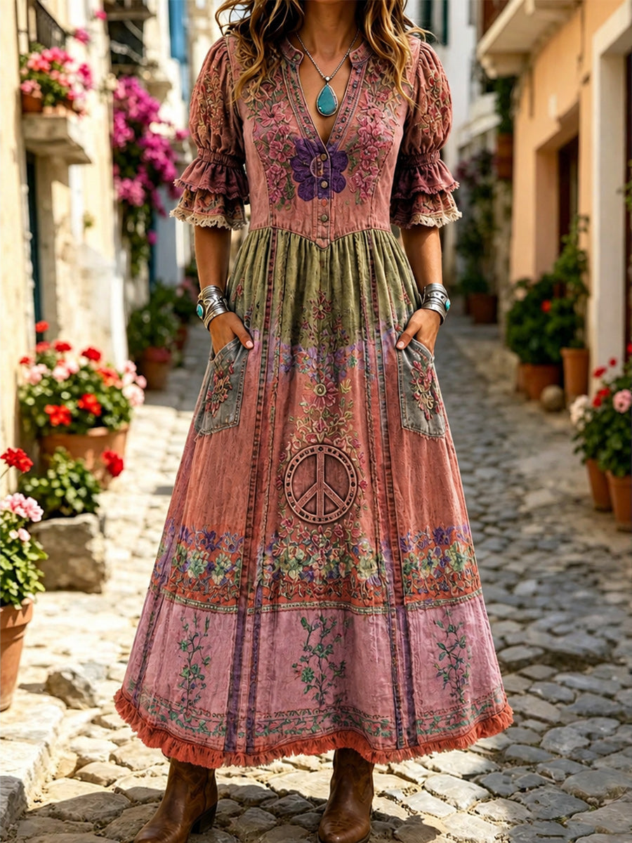 Women's Retro Art Print Washed Cotton Lace Patchwork Midi Dress