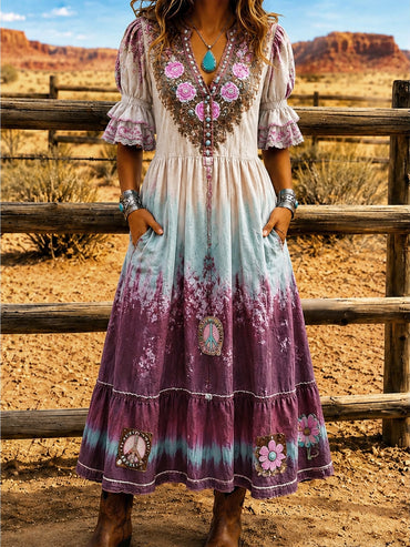 Women's Retro Art Print Washed Cotton Lace Patchwork Midi Dress
