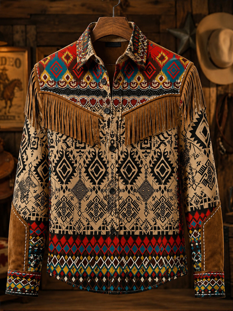 Men's Retro Style Art Print Western Vintage Tassel Casual Long Sleeve Shirt