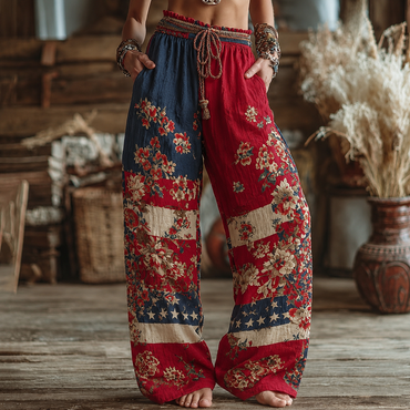 Independence Day Floral Embroidery Patchwork Loose Linen Blend Pants