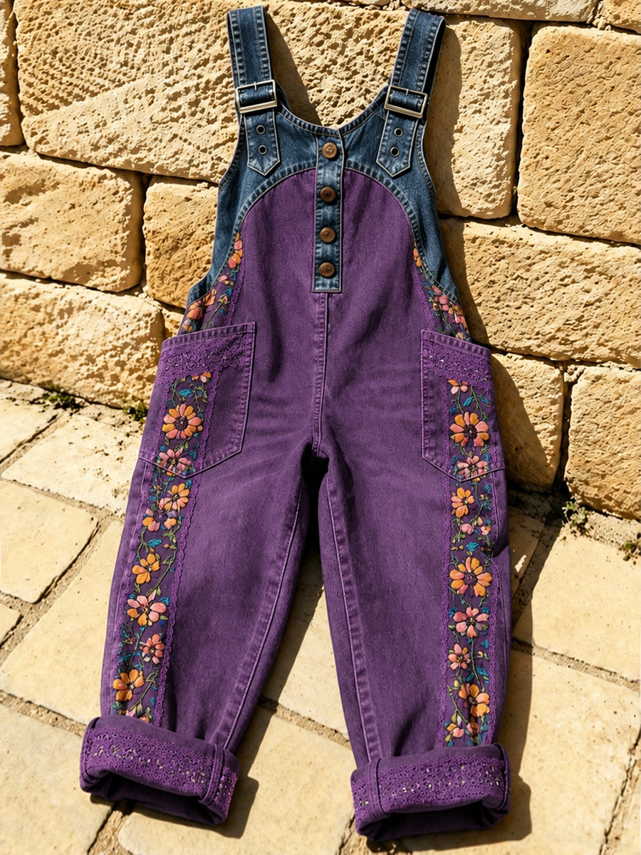 Women's Retro Style Art Print Washed Cotton Denim Patchwork Jumpsuit