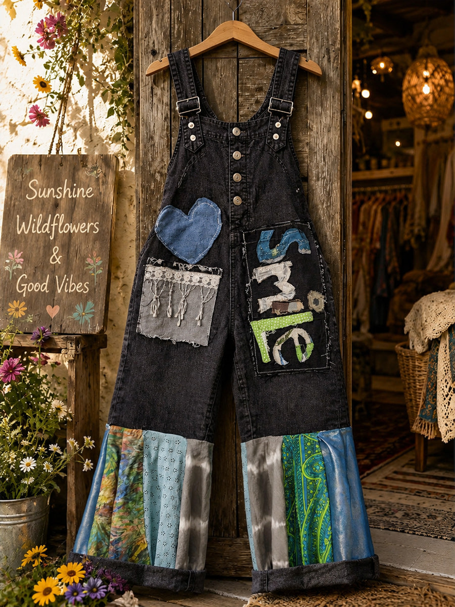 Women's Retro Style Art Print Washed Cotton Denim Patchwork Jumpsuit