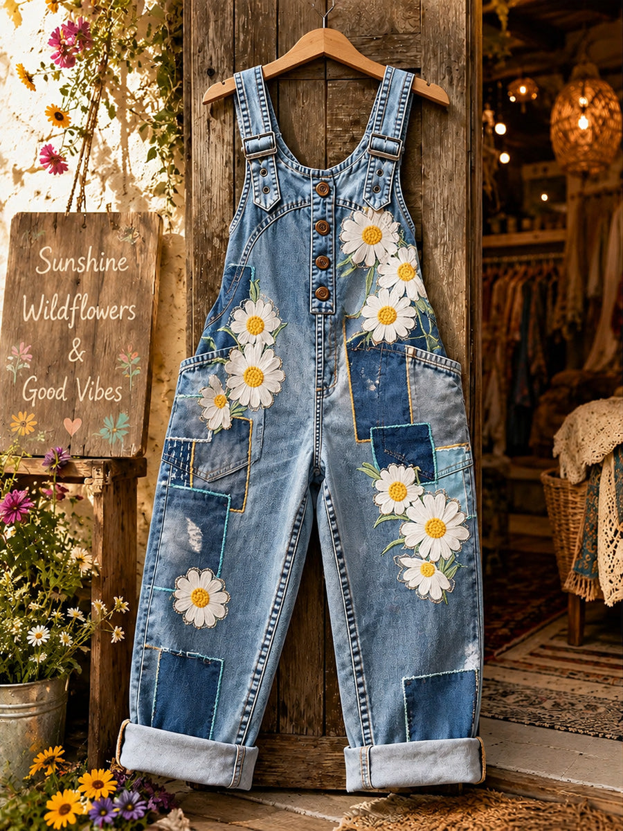 Women's Retro Style Art Print Washed Cotton Denim Patchwork Jumpsuit