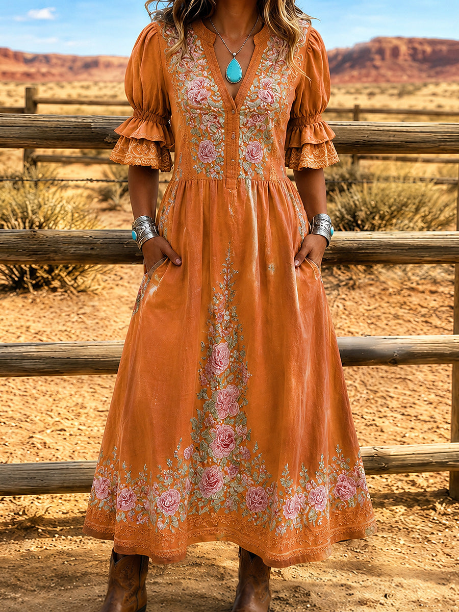 Women's Retro Art Print Washed Cotton Lace Patchwork Midi Dress