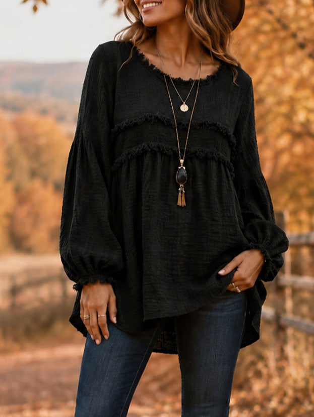 Women's Loose Fringe Spliced Button Casual Blouse Top