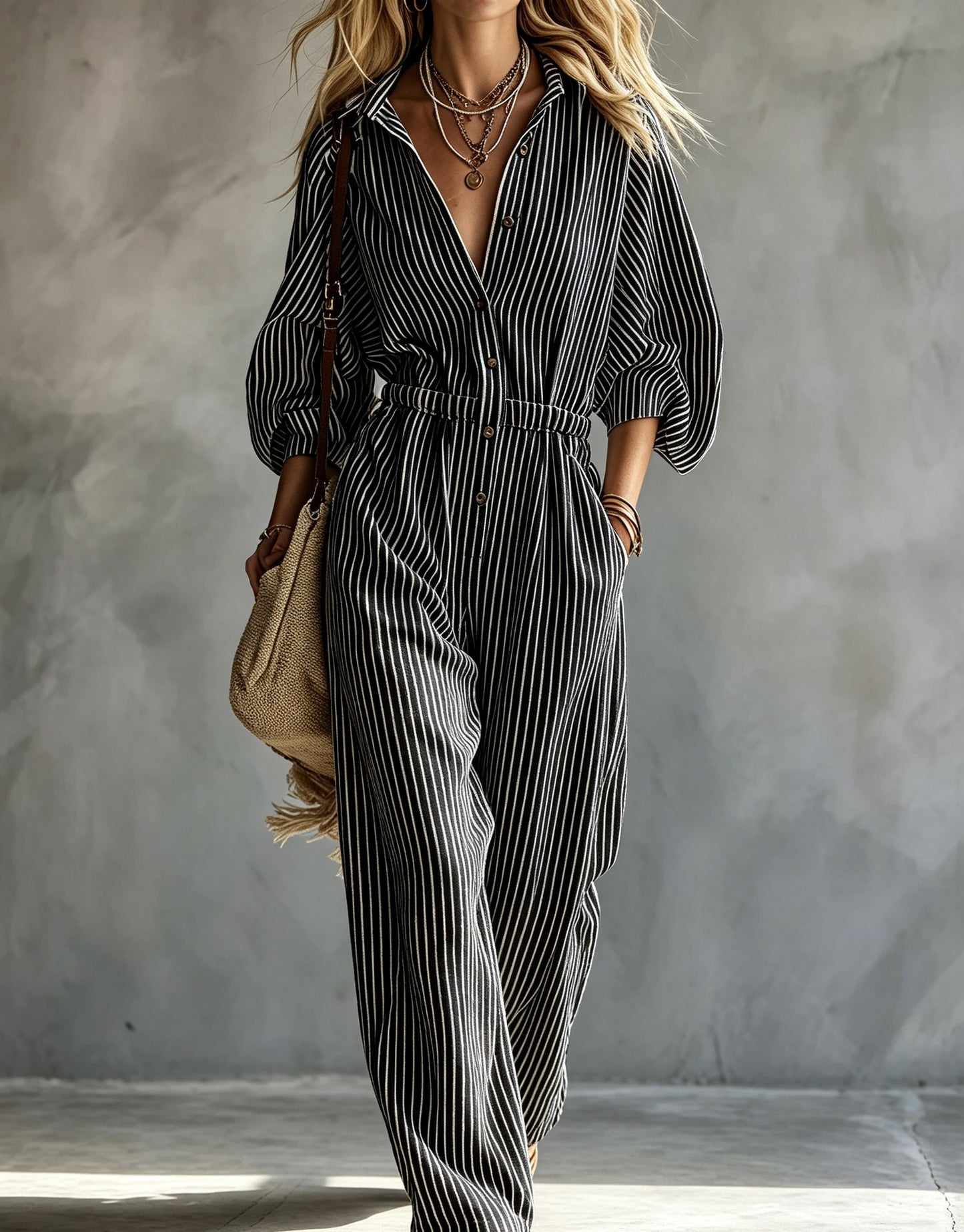 Women's Long Sleeve Striped Casual Jumpsuit