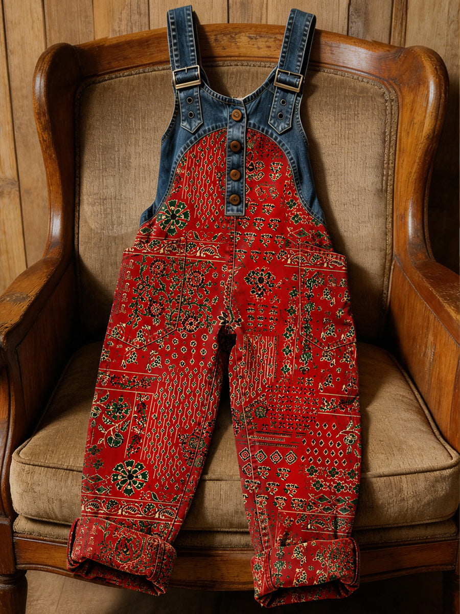 Women's Retro Style Art Print Washed Cotton Denim Patchwork Jumpsuit