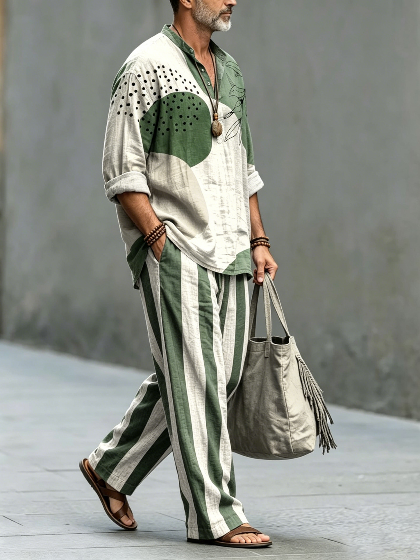 Men's Green Geometric Leaves Art Print Cotton Shirt Set