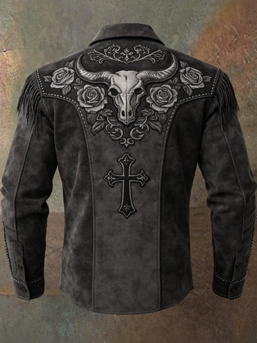 Men's Retro Western Style Art Print Vintage Tassel Casual Long Sleeve Shirt