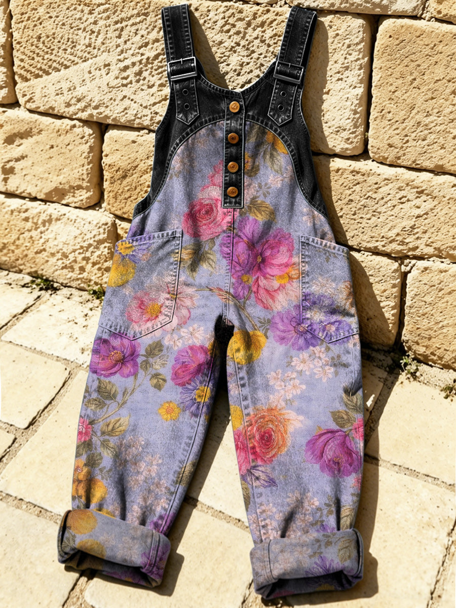 Women's Retro Floral Color-Blocked Art Print Washed Cotton Denim Patchwork Jumpsuit