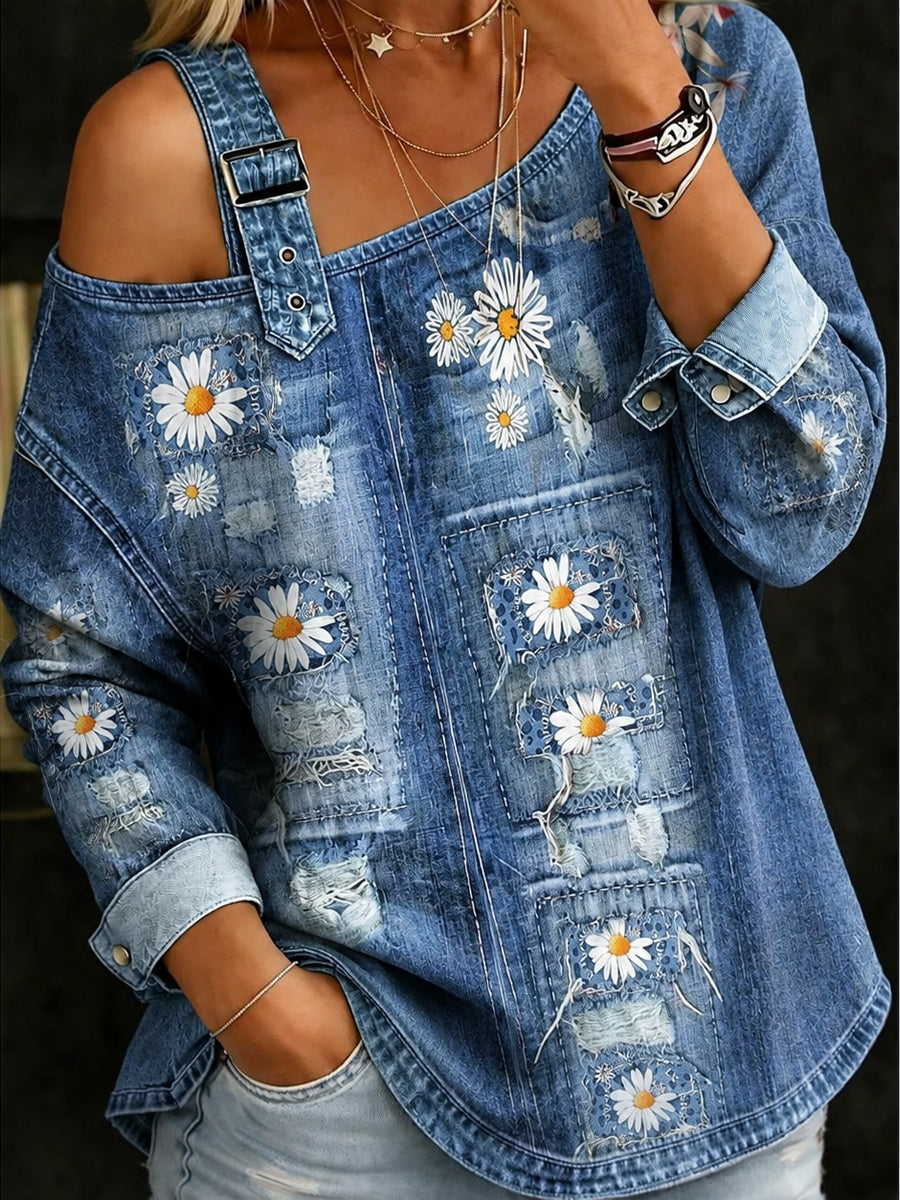 Retro Style Art Print Shoulder Straps Off-The-Shoulder Long Sleeve Top