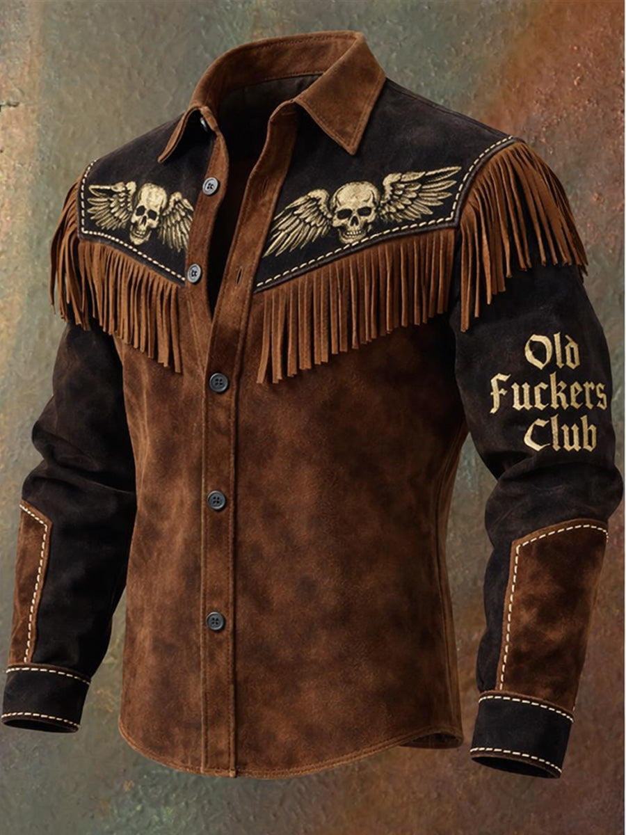 Men's Retro Old Fuckers Club Western Style Print Vintage Tassel Casual Long Sleeve Shirt