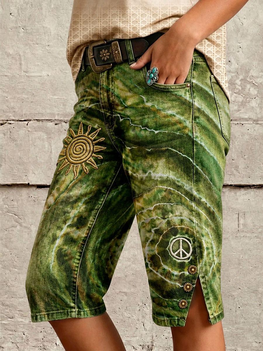 Retro Style Floral Art Print Vintage Casual Denim Shorts