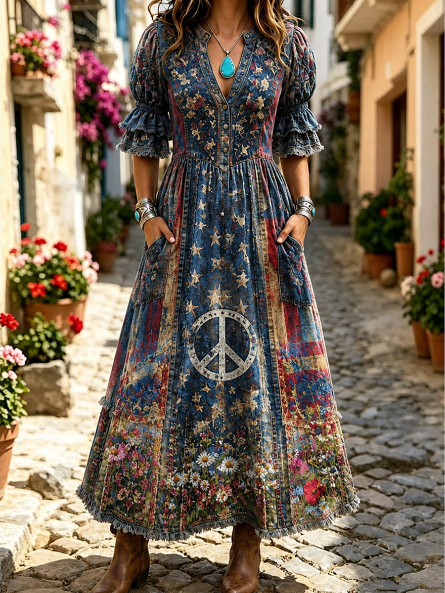 Women's Retro Art Print Washed Cotton Lace Patchwork Midi Dress