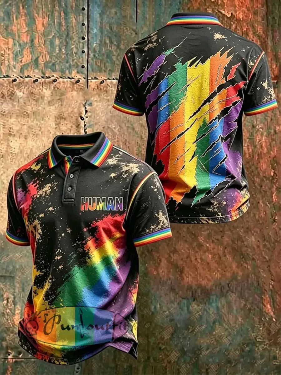 Retro Pride Month Rainbow Art Printed Retro Round Neck Short Sleeves Polo-Shirt
