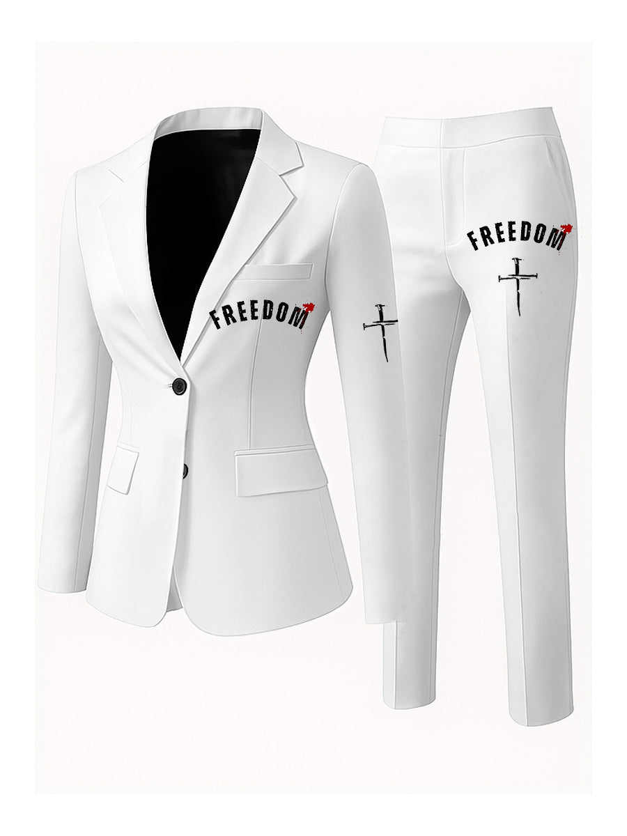 Women's Freedom American Flag Print Casual Blazer Trousers Two-Piece Suits