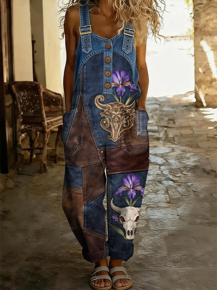 Women's Retro Floral Color-Blocked Art Print Washed Cotton Denim Patchwork Jumpsuit