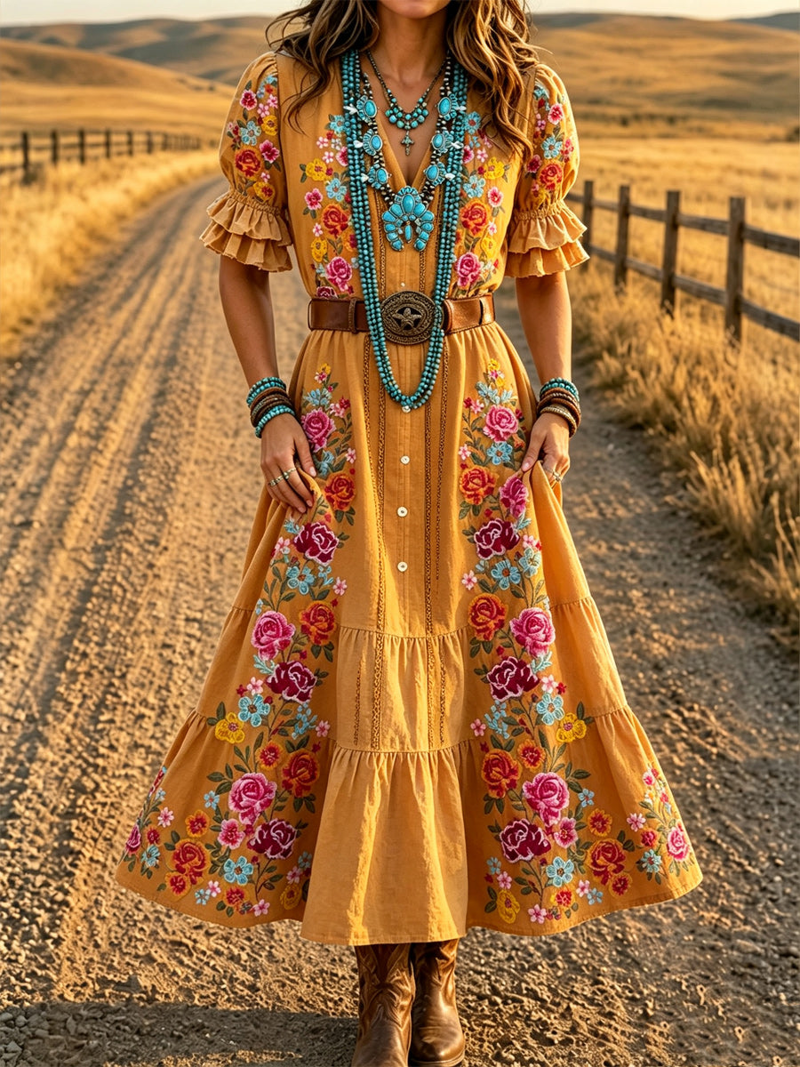 Women's Retro Art Print Washed Cotton Lace Patchwork Midi Dress