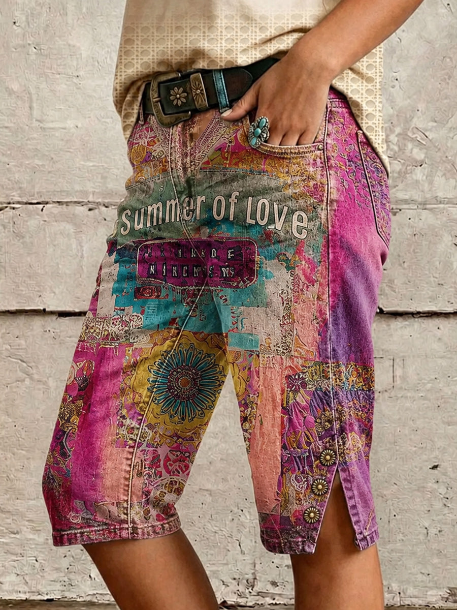 Retro Style Floral Art Print Vintage Casual Denim Shorts