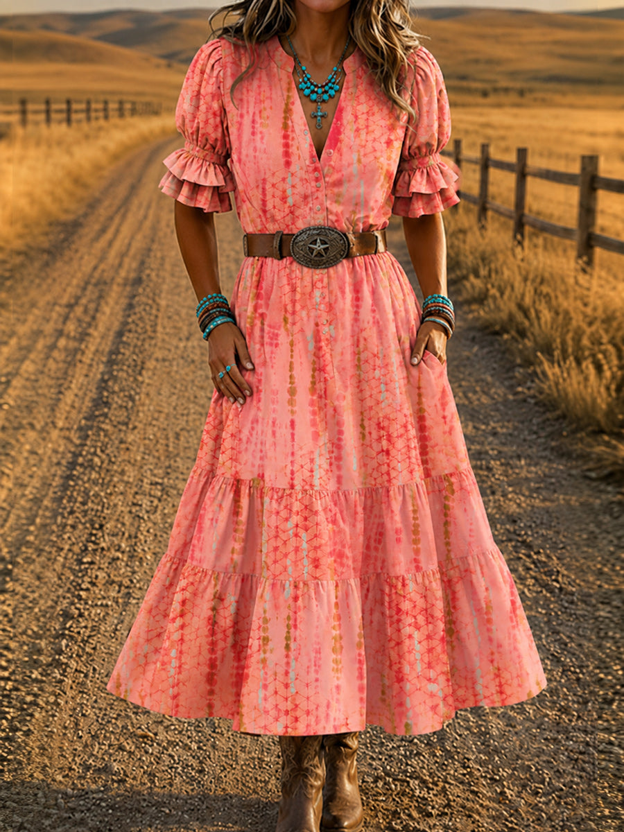 Women's Retro Art Print Washed Cotton Layered Patchwork Midi Dress