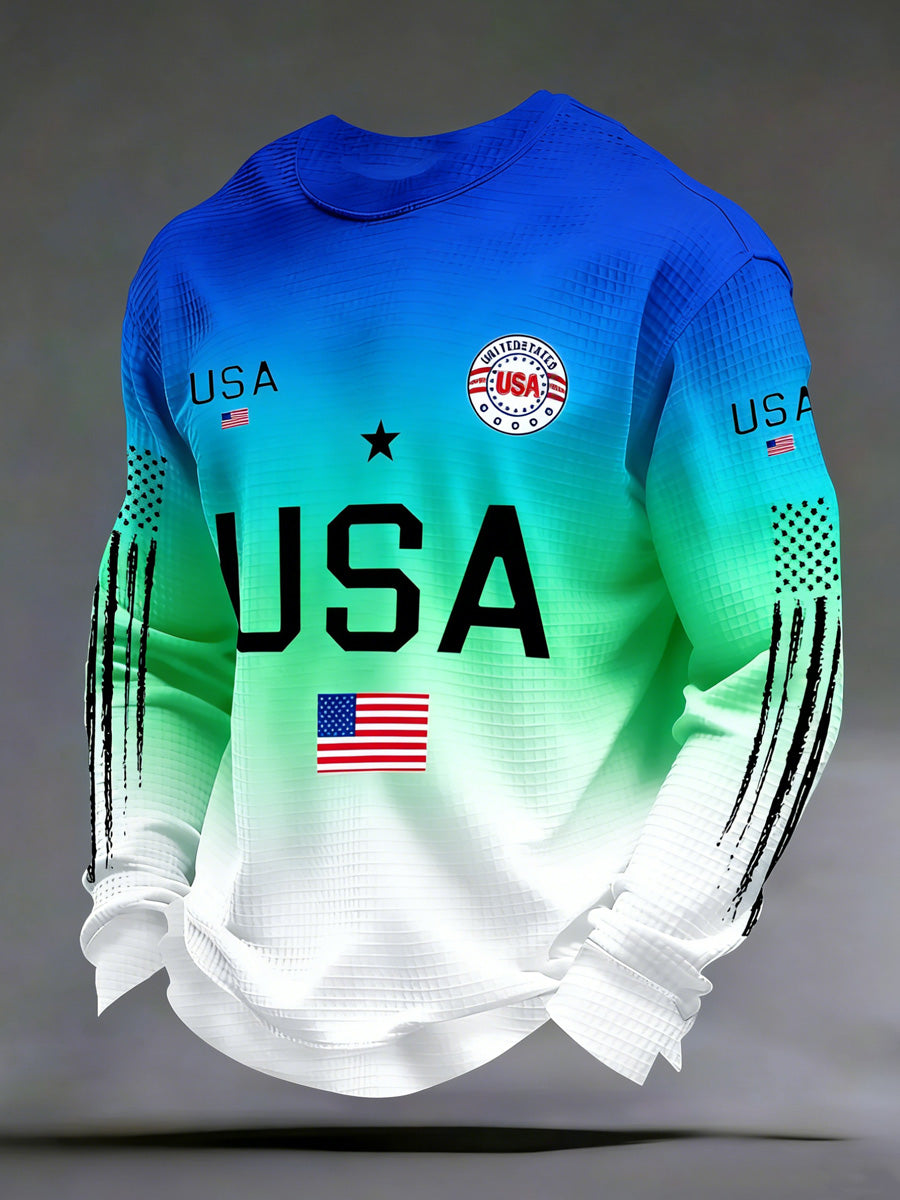 USA Flag Art Print Round-Neck Waffle Texture Long Sleeve Sweatshirt