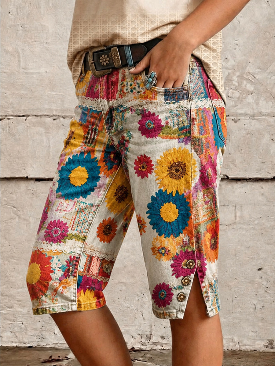 Retro Style Floral Art Print Vintage Casual Denim Shorts