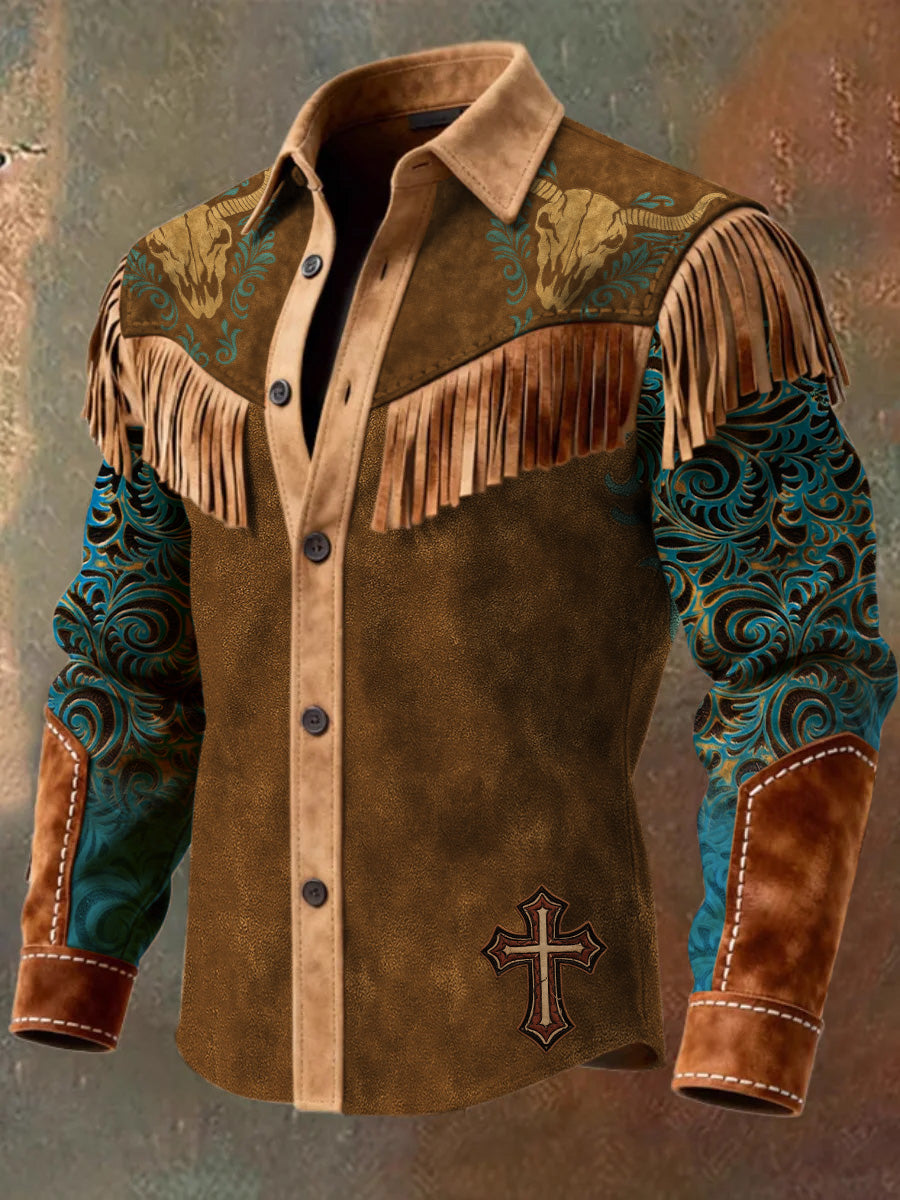 Men's Retro Western Style Art Print Vintage Tassel Casual Long Sleeve Shirt