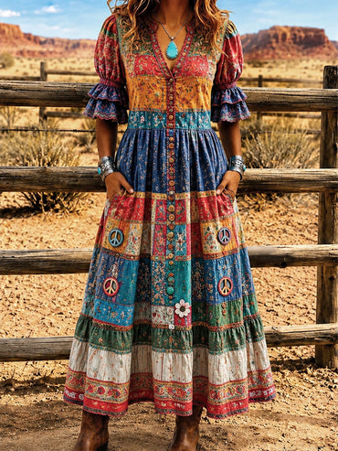 Women's Retro Art Print Washed Cotton Lace Patchwork Midi Dress
