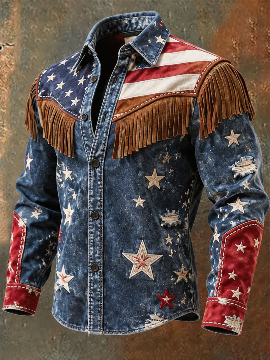 Men's Retro Style Art Print Western Vintage Tassel Casual Long Sleeve Shirt