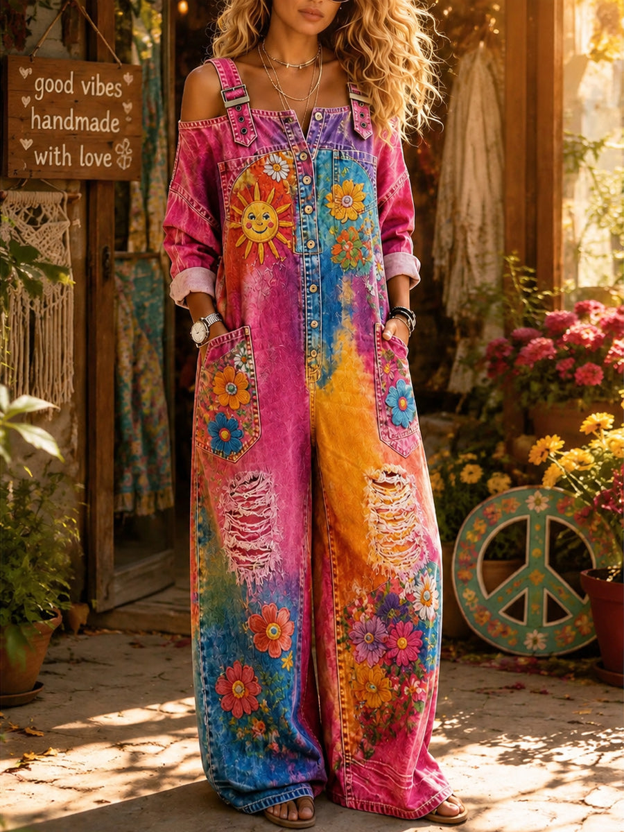 Women's Retro Style Art Print Washed Cotton Denim Off-The-Shoulder Jumpsuit
