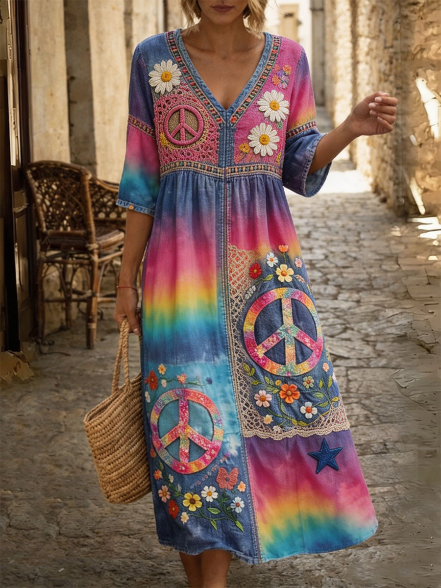 Women's Retro Hippy Art Print Washed Cotton Lace Patchwork Midi Dress