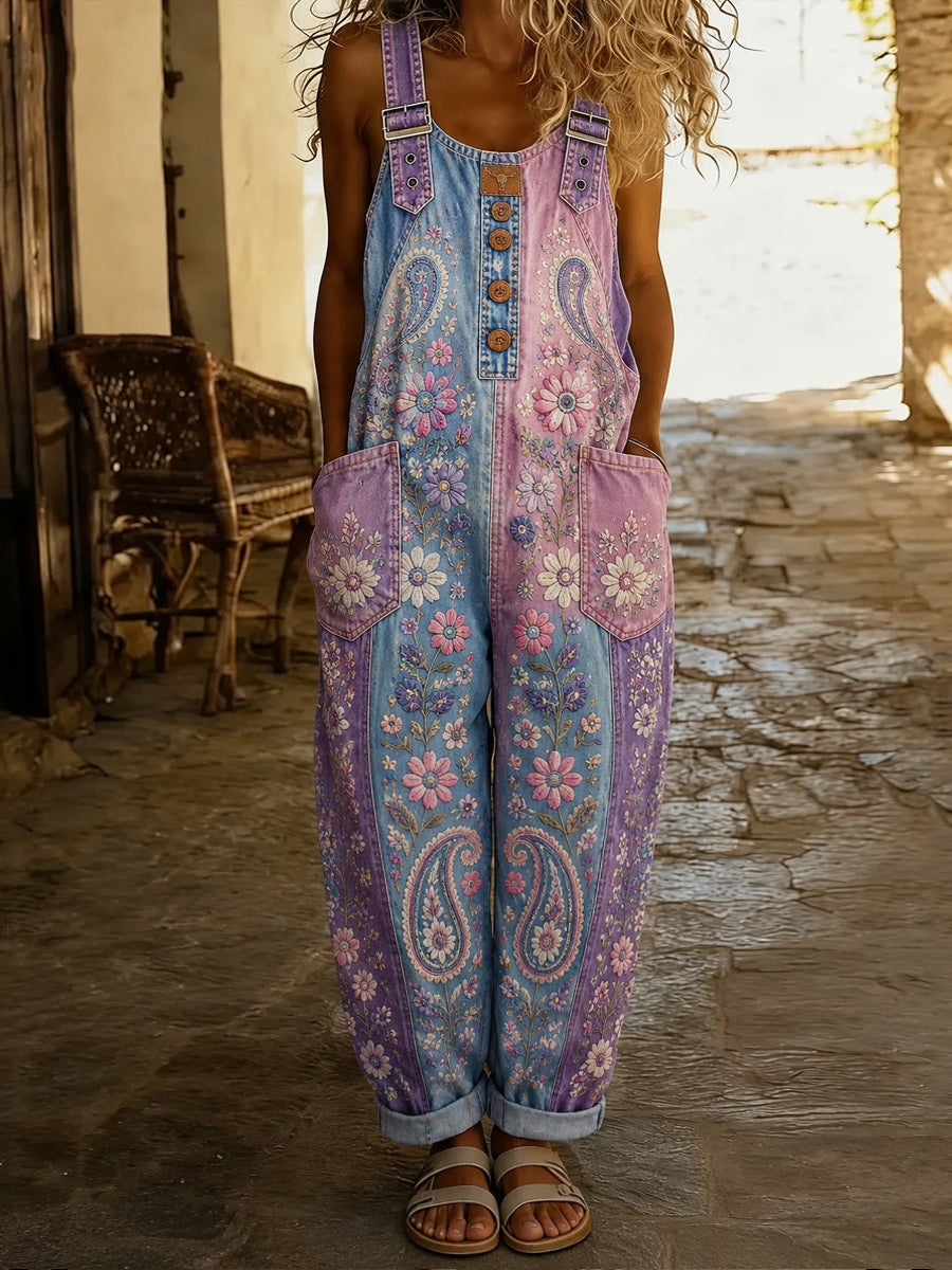 Women's Retro Style Print Washed Cotton Denim Patchwork Jumpsuit