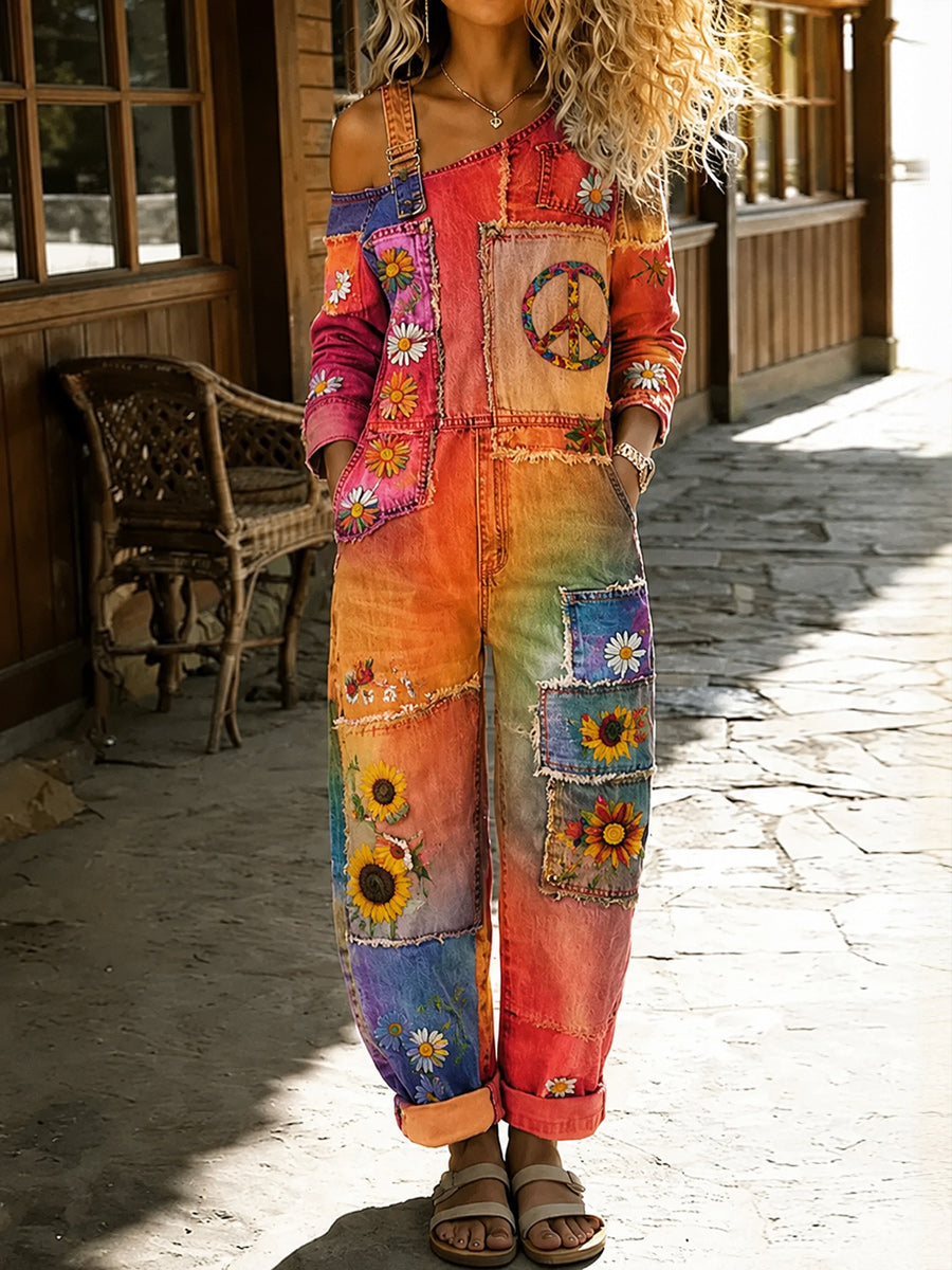 Women's Retro Art Print Washed Cotton Denim Patchwork Jumpsuit